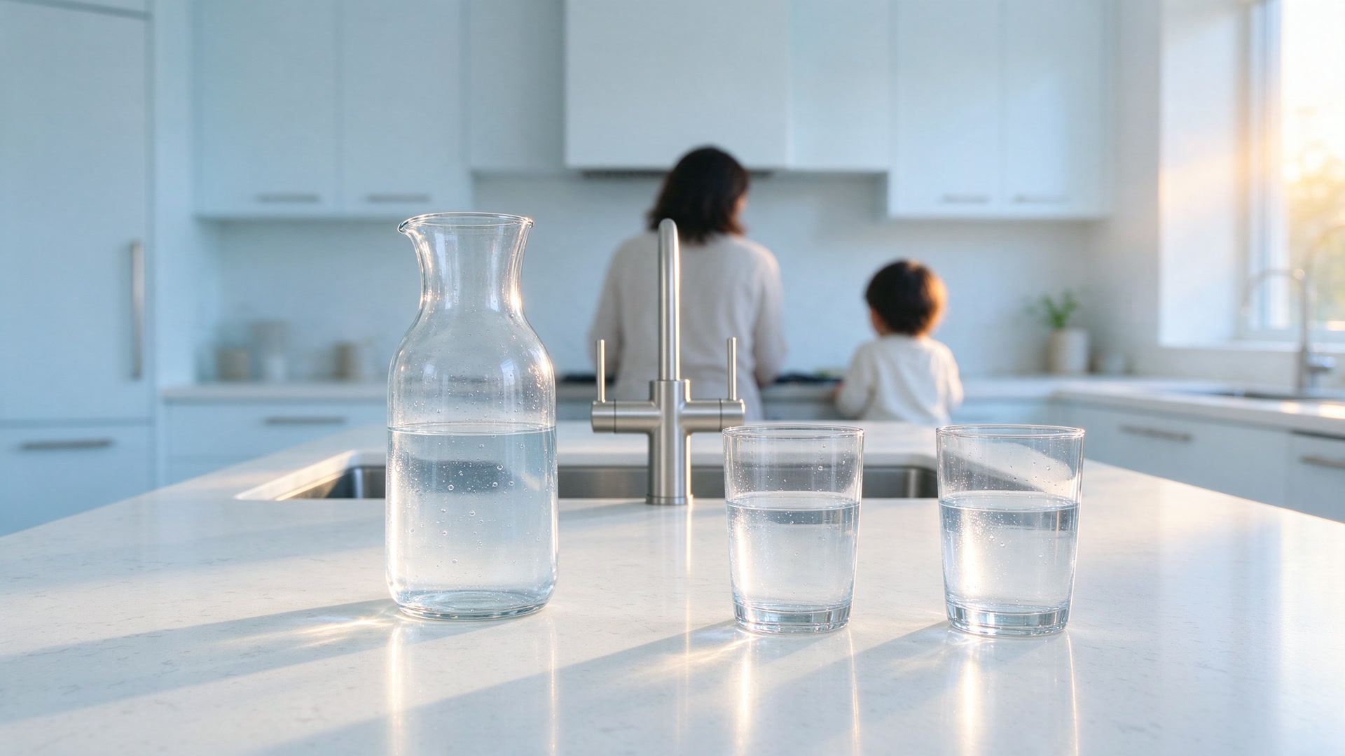 Cucina luminosa con caraffa e bicchieri d'acqua sull'isola