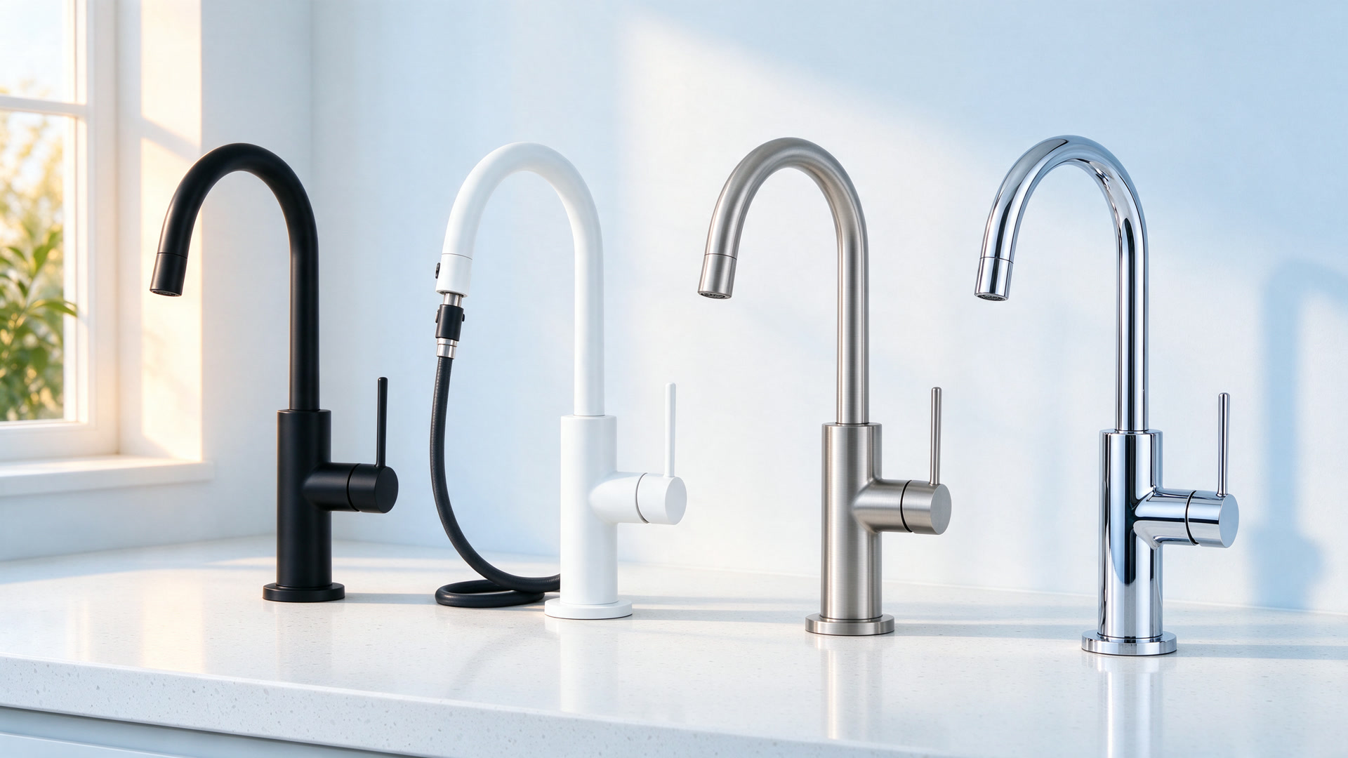 Quattro miscelatori da cucina in finiture nero opaco, bianco opaco, nikel spazzolato e cromo